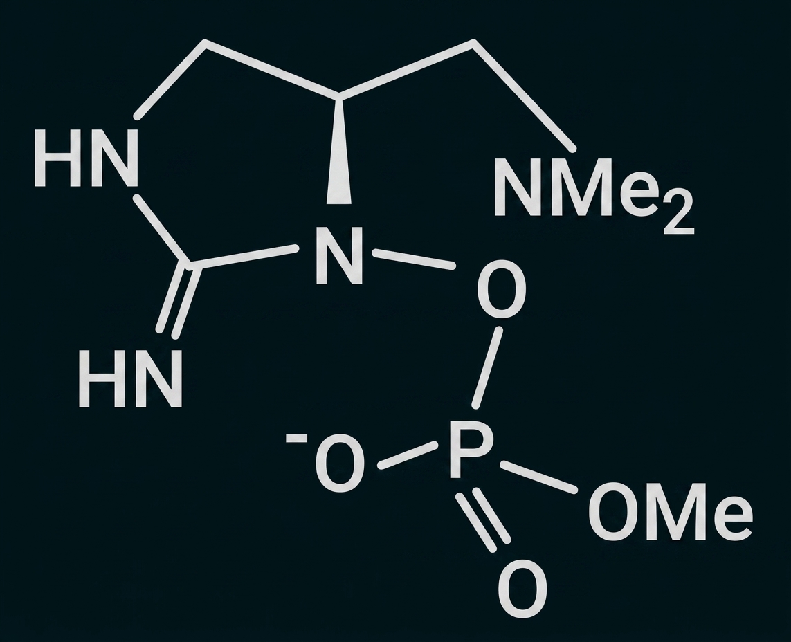 Chemische Strukturformel eines organischen Moleküls mit N‑Gruppen, Dimethylamin und Phosphatester